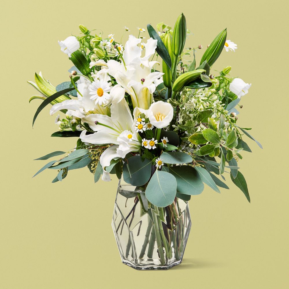 White flower bouquet in glass vase, isolated object design psd