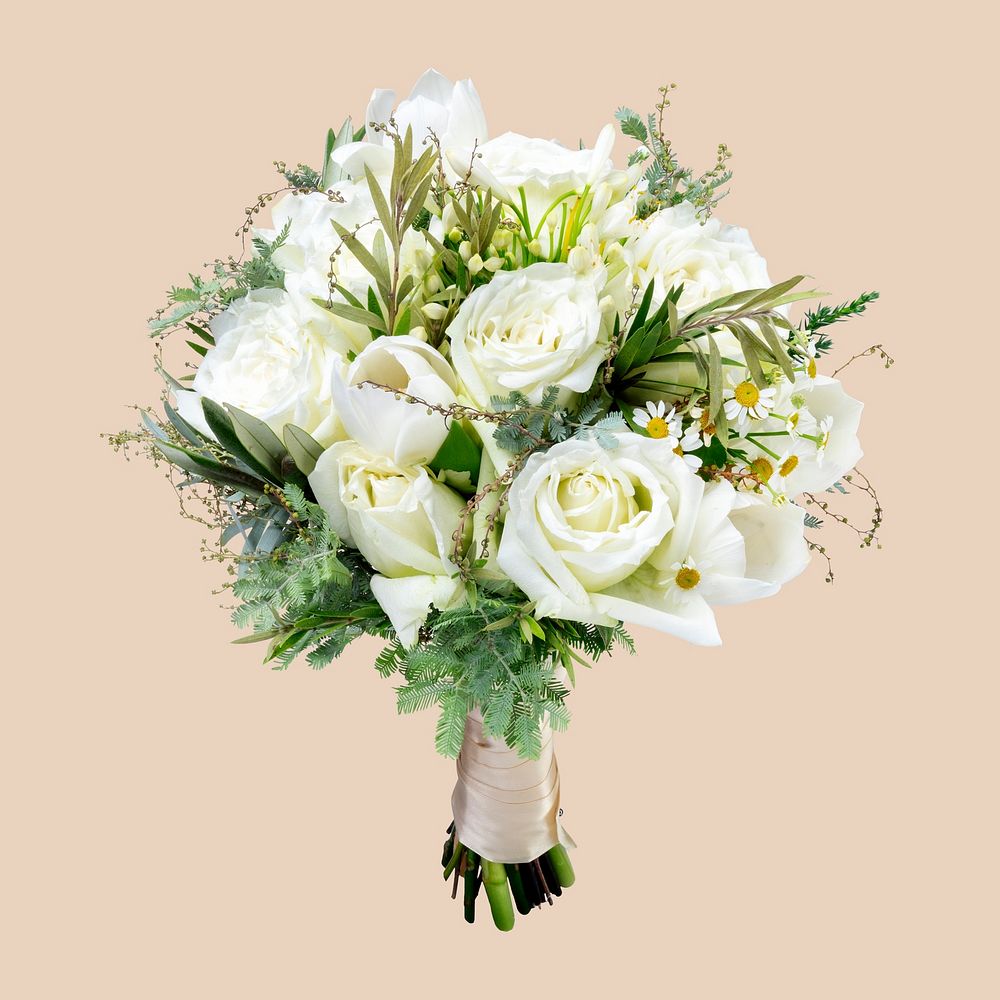 Bridal bouquet, white flowers bundle, collage element psd