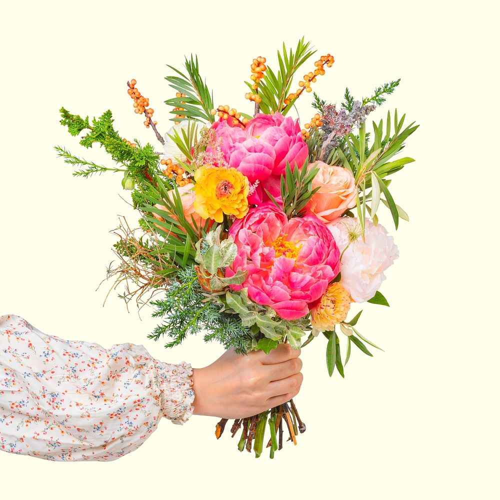 Hand holding flower bouquet, collage element psd