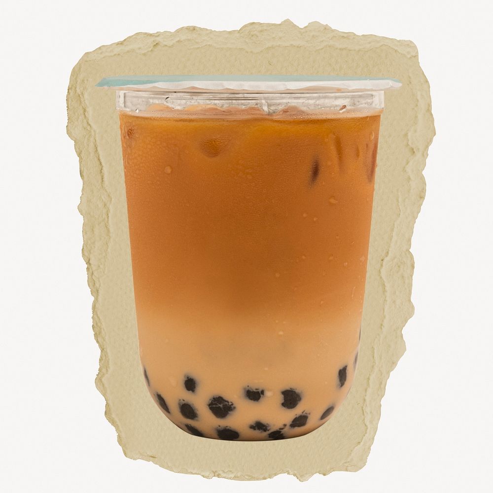 Boba tea, beverage on ripped paper