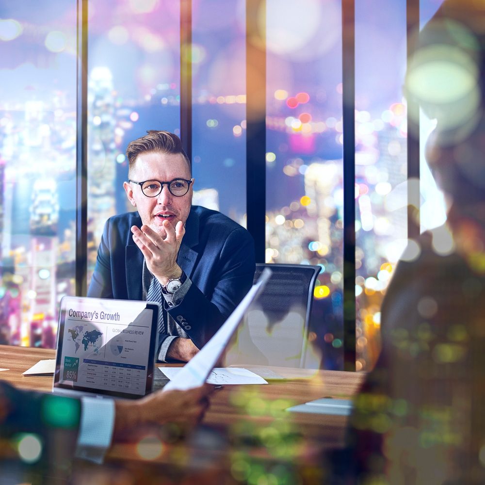 Businesspeople team working in office city bokeh background