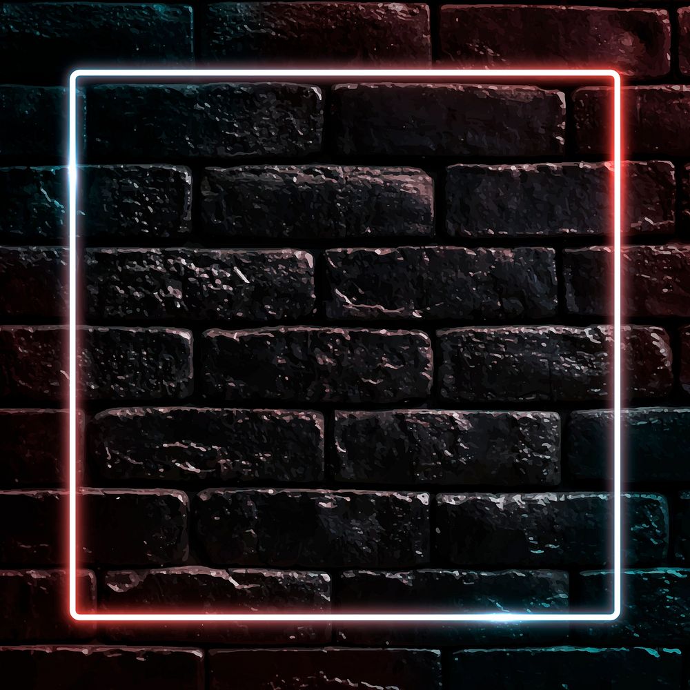 Square neon frame on black brick wall vector