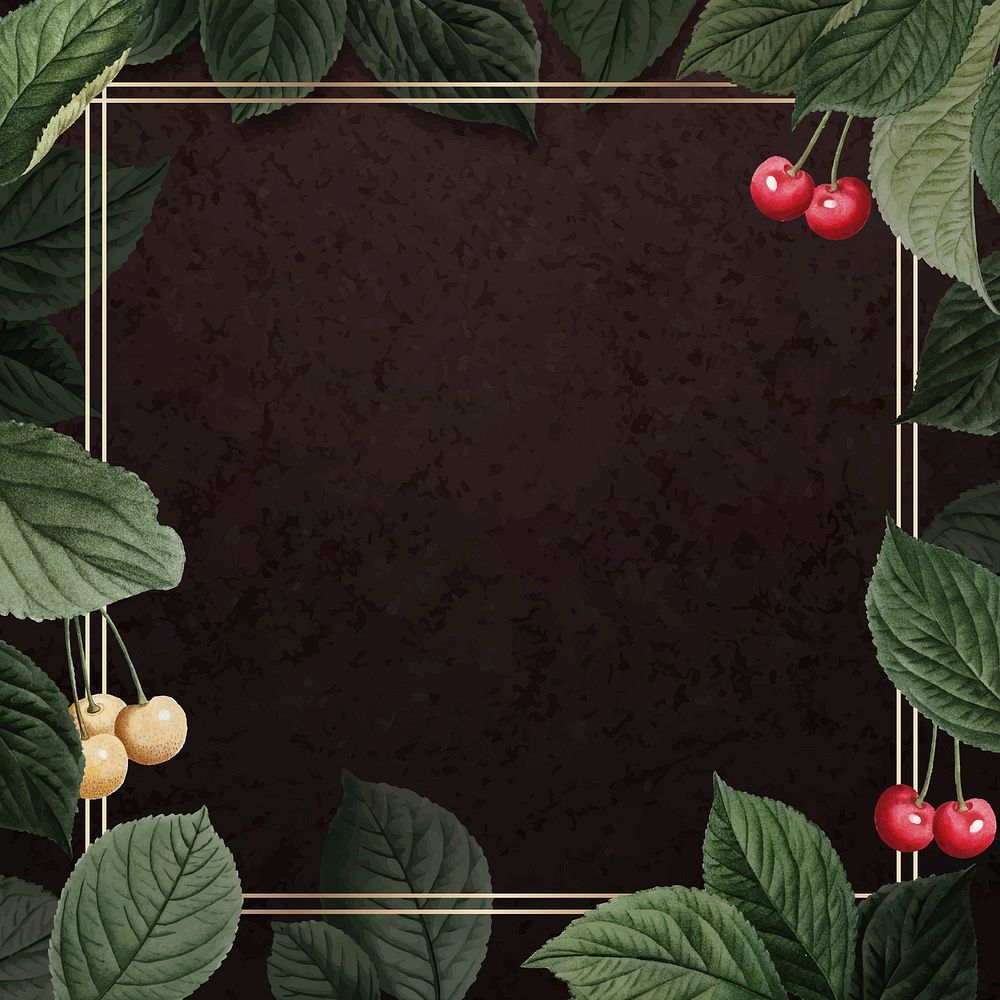 Hand drawn cherry pattern with square gold frame vector