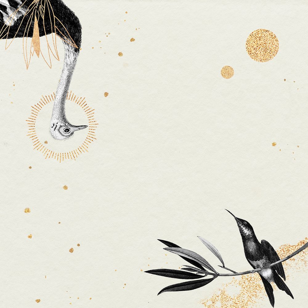 Ostrich and hummingbird pattern on beige background illustration