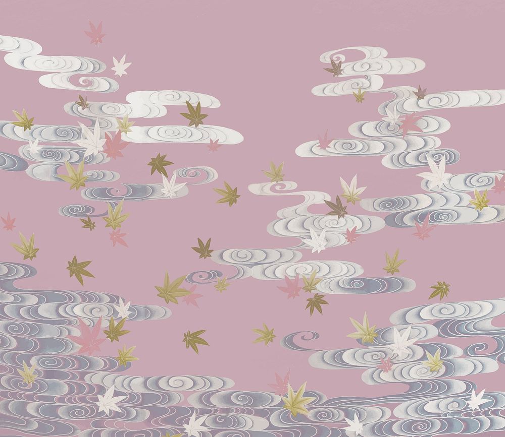 Maple leaves in Tatsuta river vintage illustration vector, remix from original artwork.