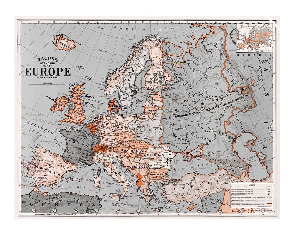 Bacon's standard map of Europe vintage illustration wall art print and poster design remix from original artwork.