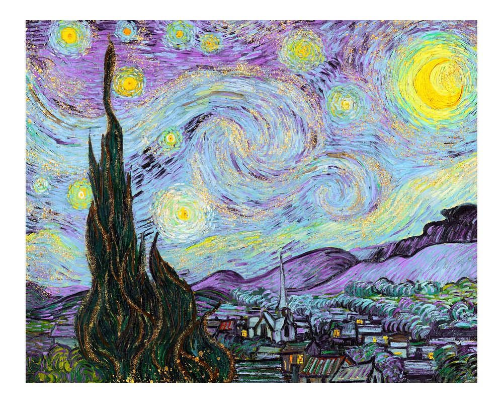 The Starry Night vintage illustration wall art print and poster design remix from original painting by Vincent Van Gogh.