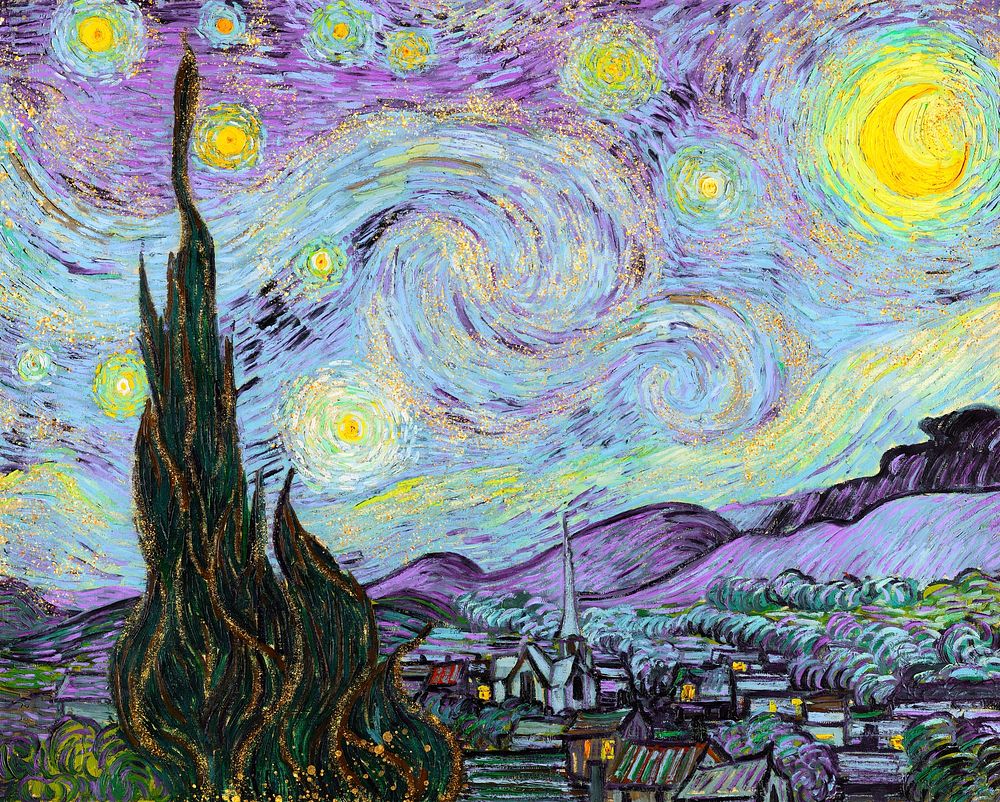 The Starry Night vintage illustration, remix from original painting by Vincent Van Gogh.