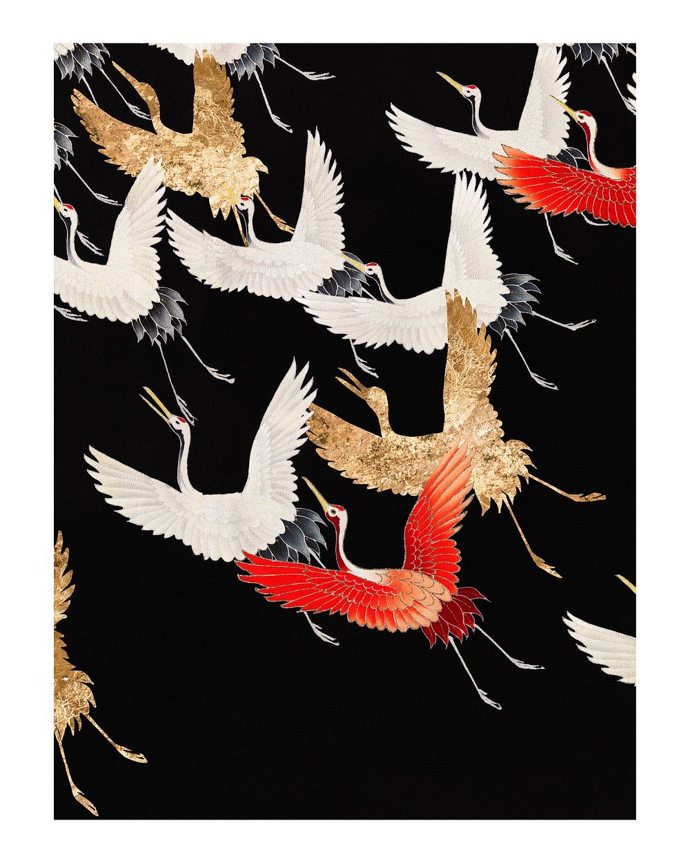 Japanese flying cranes vintage illustration wall art print and poster design remix from original artwork.