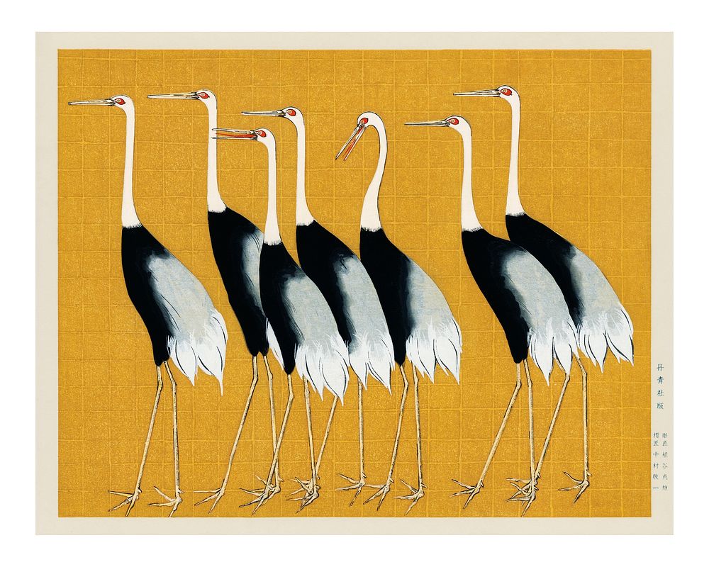 Flock of Japanese red-crowned crane vintage illustration wall art print and poster design remix from original artwork.