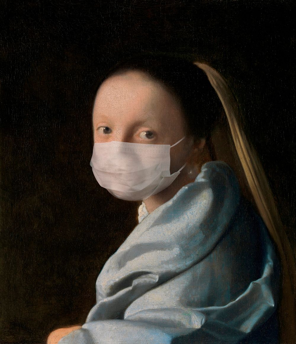 Johannes Vermeer's young woman wearing a face mask during coronavirus pandemic public domain remix