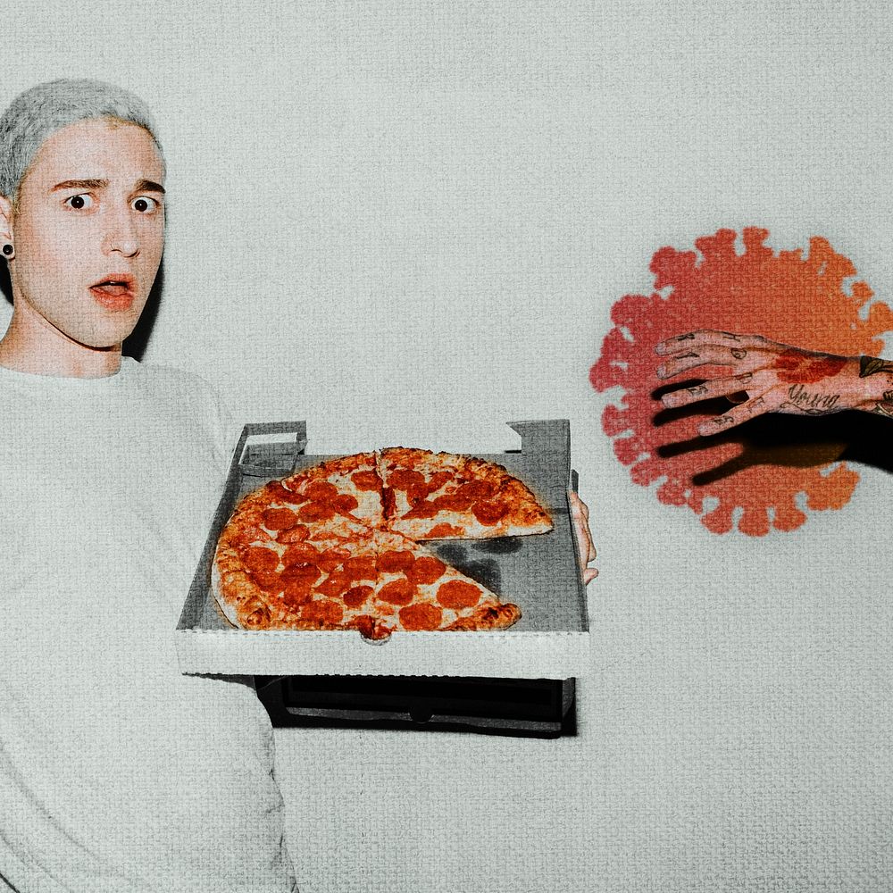 Coronavirus contaminated hand reaching for pizza