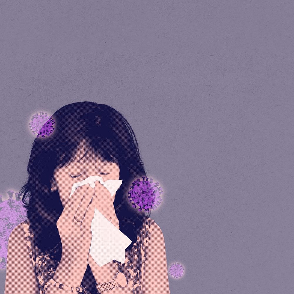 Sneezing woman with coronavirus symptoms social banner