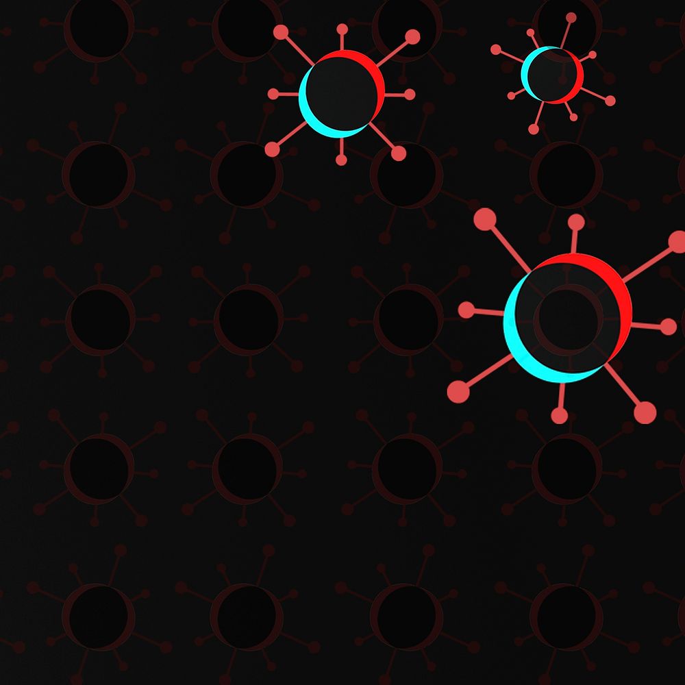 Red and blue coronavirus cells on a black background