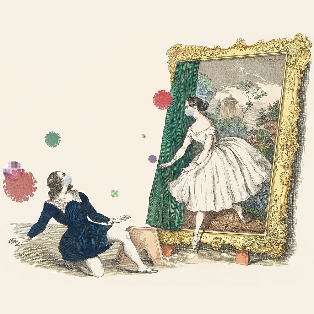 Vintage advertisement for a ballet "Des Malers Traumbild" featuring Fanny Elßler during coronavirus outbreak illustration