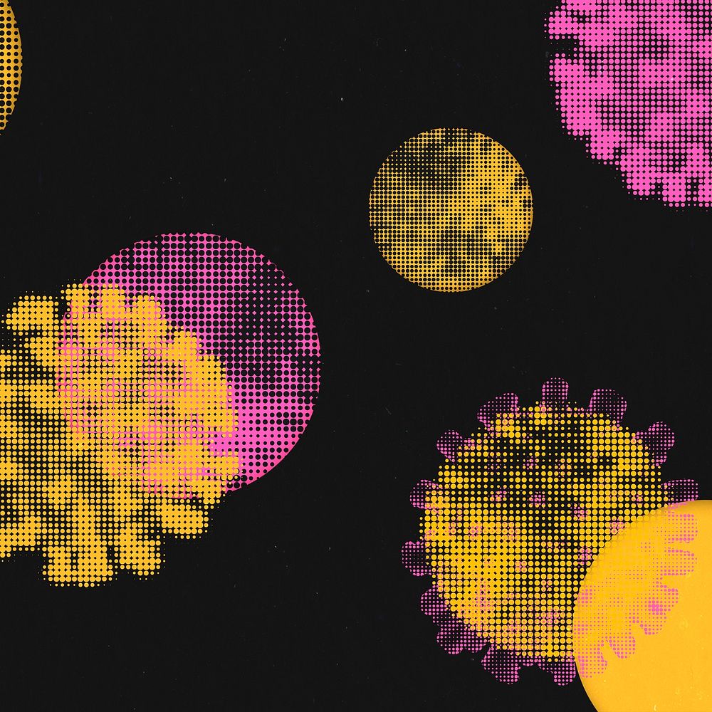 Pink and yellow halftone coronavirus on a black background social ad