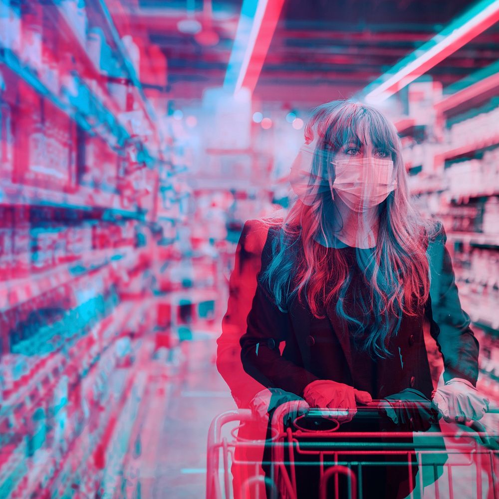 Woman in a supermarket during the COVID-19 pandemic double exposure photography social ad