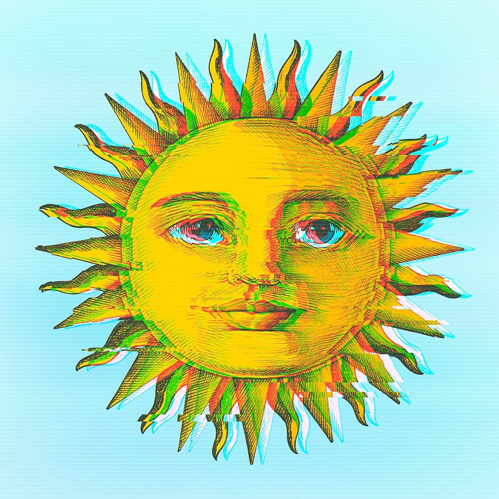 Sun with a face with a glitch effect on a sky blue background 