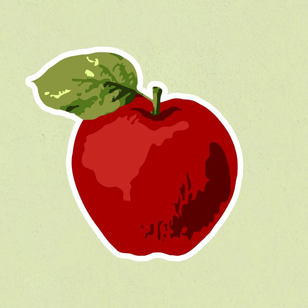 Vectorized red apple sticker with white border on a green background