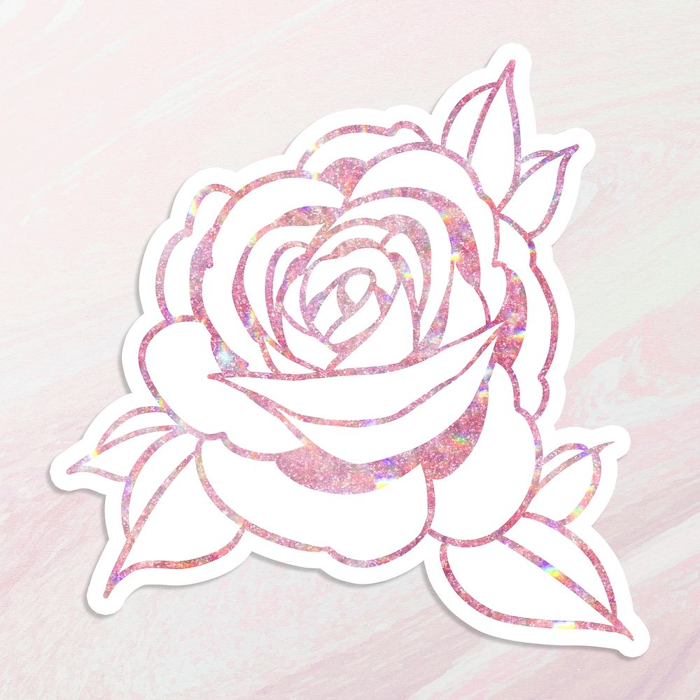 Pink holographic rose sticker overlay with a white border