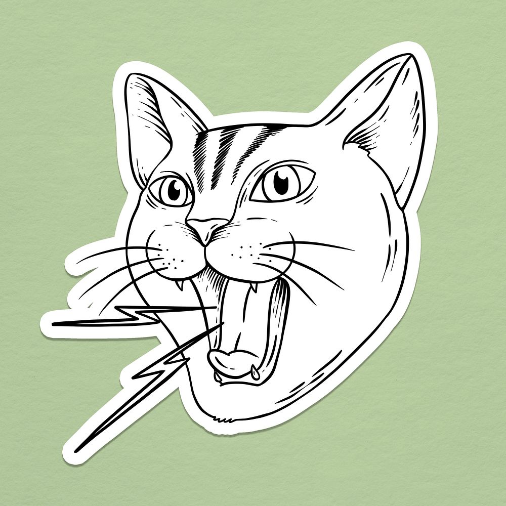 Angry cat outline sticker overlay on a sage green background