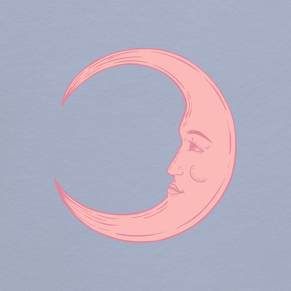 Pink crescent moon face sticker overlay on a lavender background