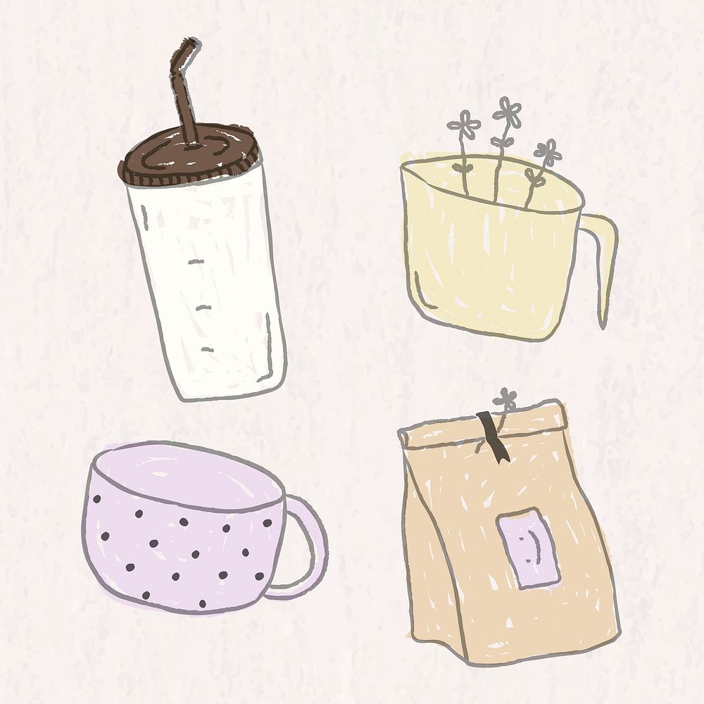 Cute coffee doodle design element vector set