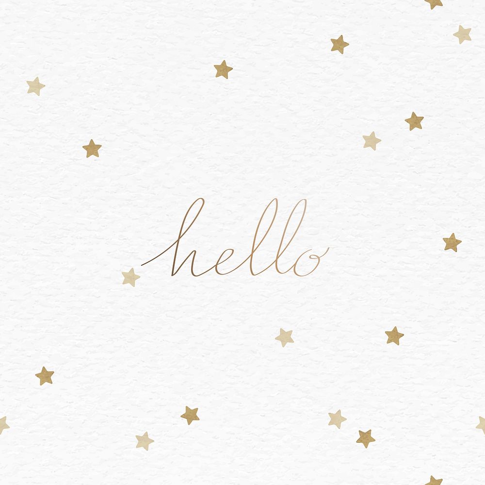 Hello greetings typography on a white background with golden stars vector  