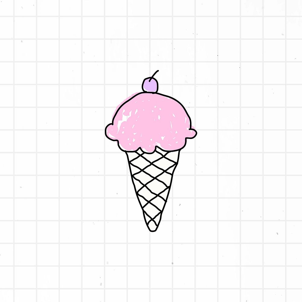 Strawberry ice cream in a waffle cone doodled on a grid background vector