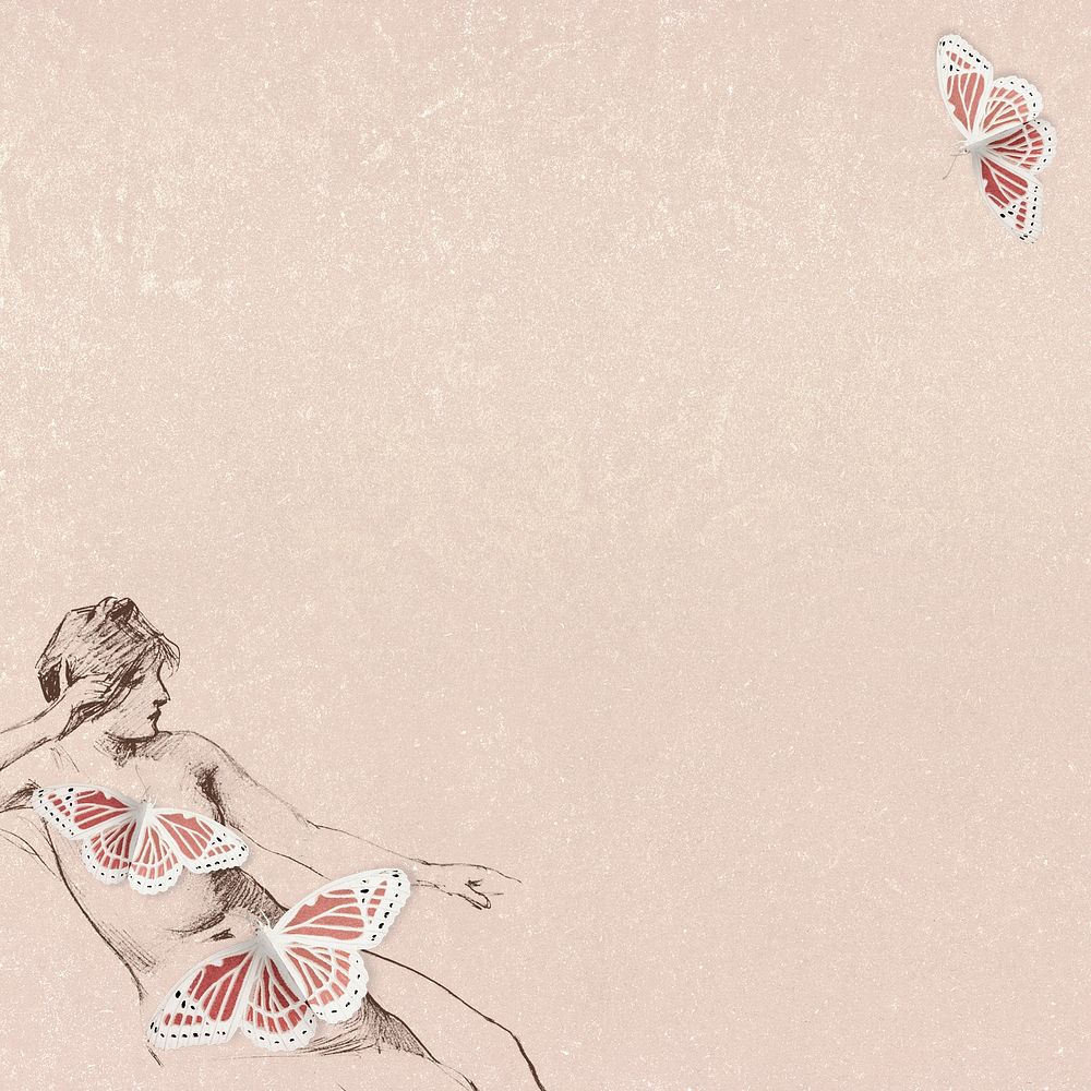 Sitting female nude figure with butterflies on peach background