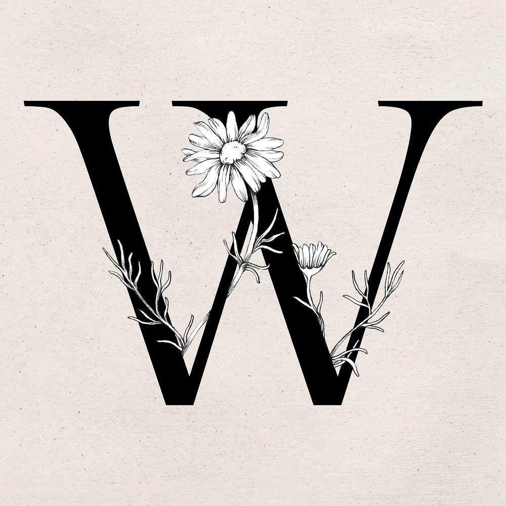 Floral w letter font vector romantic typography