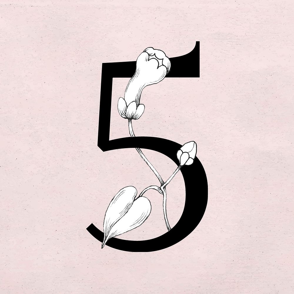 Vector number 5 font floral decorated typography