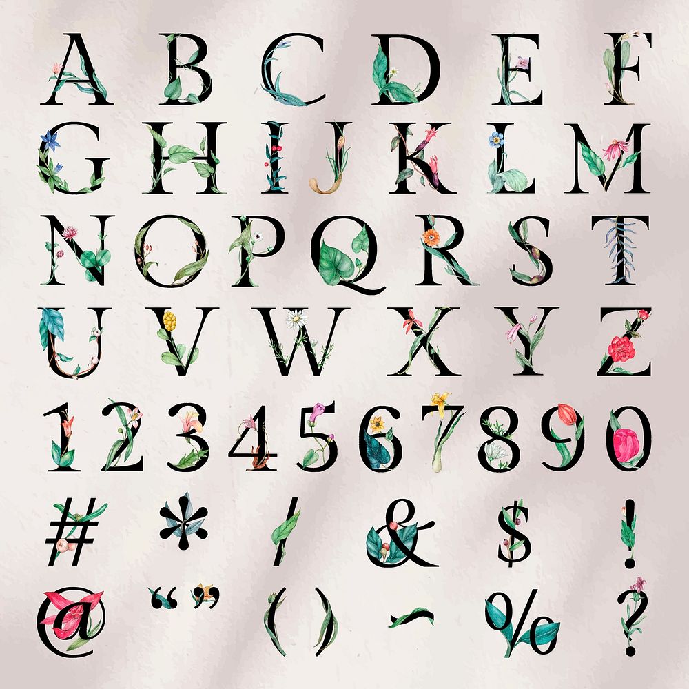 Vector alphabet sign number set floral typography