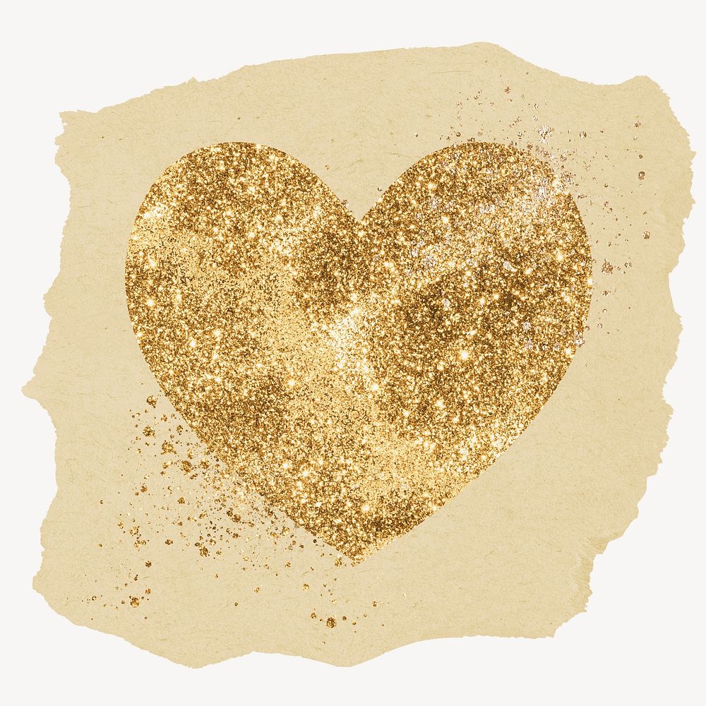 Gold glitter heart, ripped paper collage element