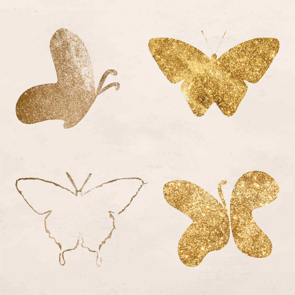 Glittery gold butterfly icon vector set