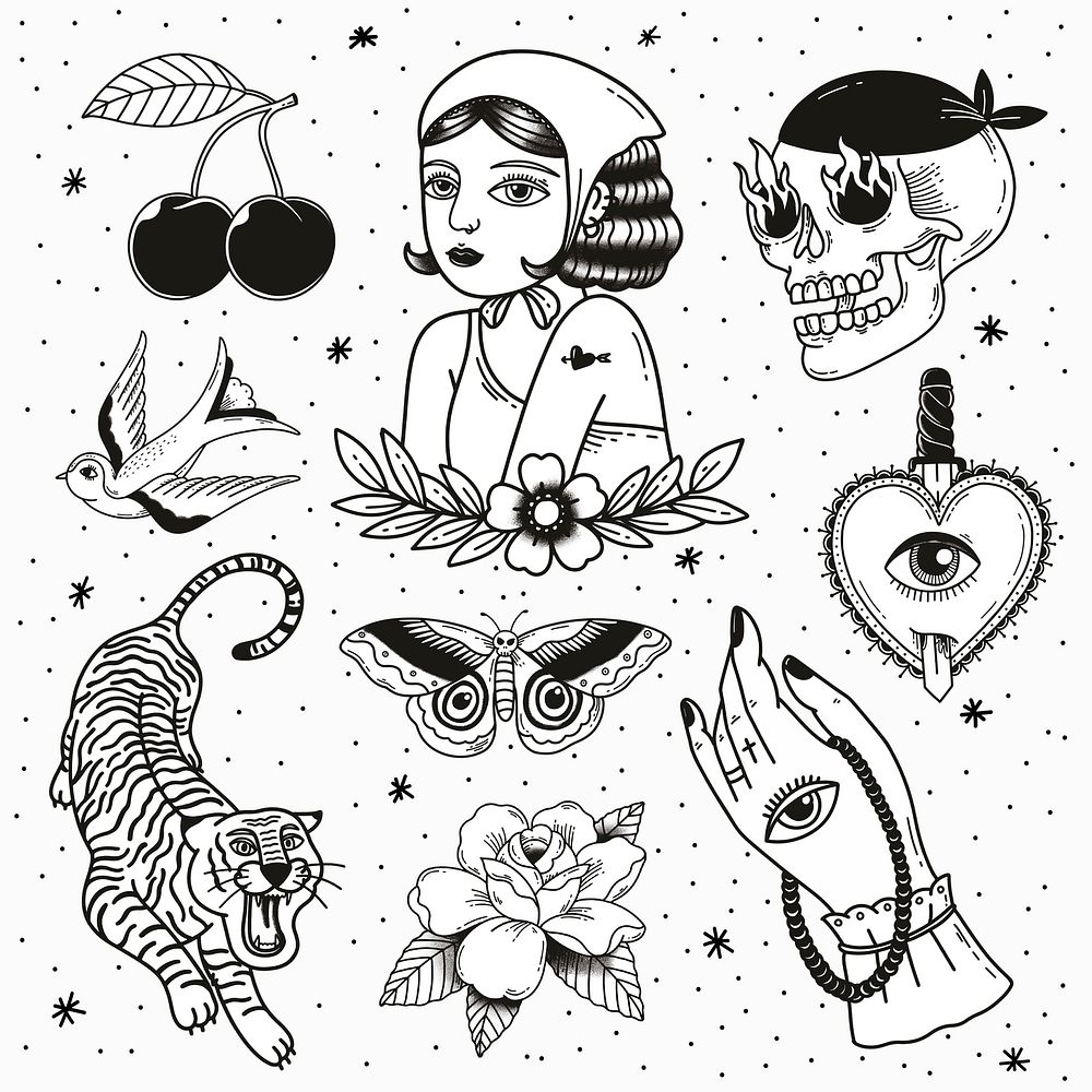 Black & white tattoo element psd set