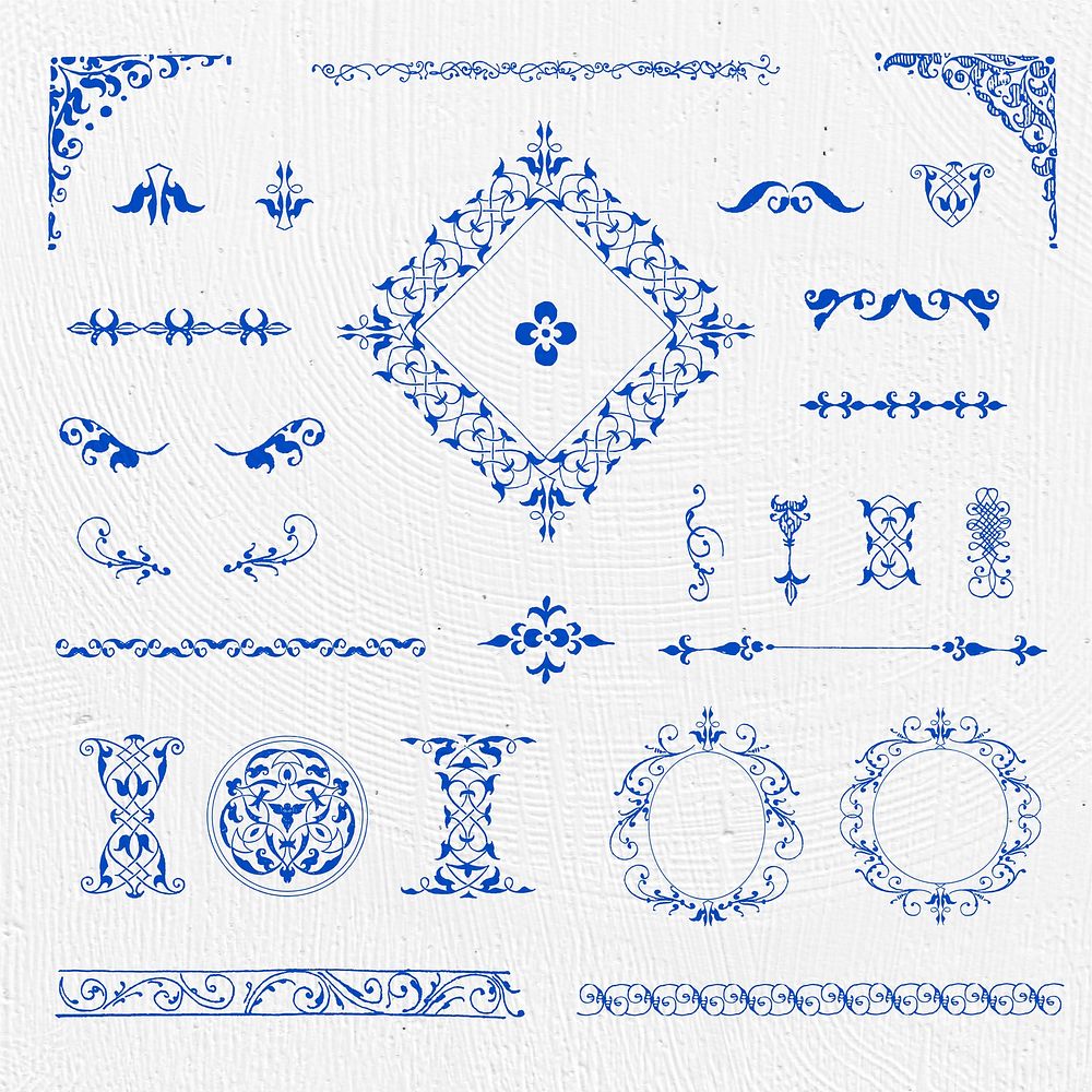 Vector vintage blue ornamental element set, remix from The Model Book of Calligraphy Joris Hoefnagel and Georg Bocskay