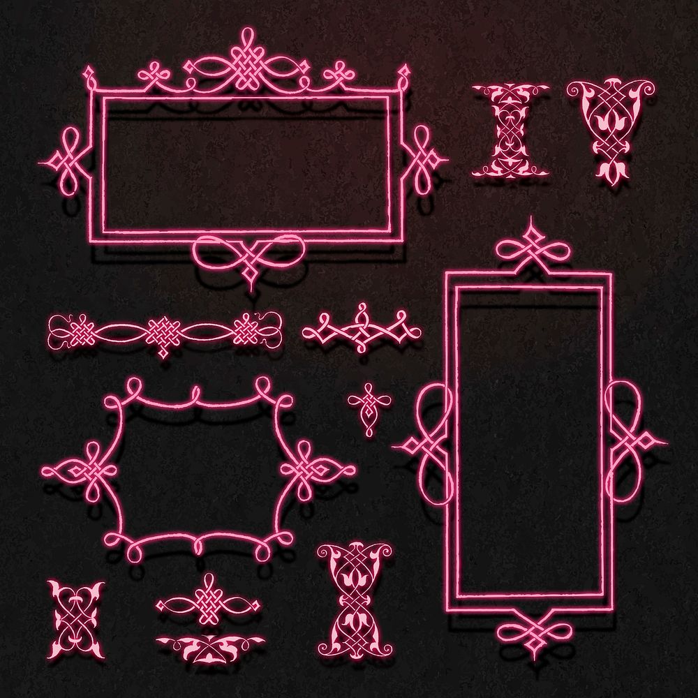 Pink neon filigree frame set vector, remix from The Model Book of Calligraphy Joris Hoefnagel and Georg Bocskay