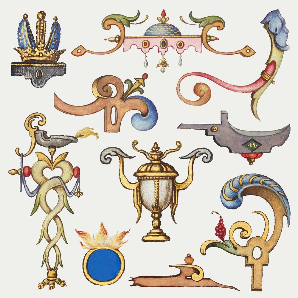 Victorian ornamental objects vector hand drawn, remix from The Model Book of Calligraphy Joris Hoefnagel and Georg Bocskay