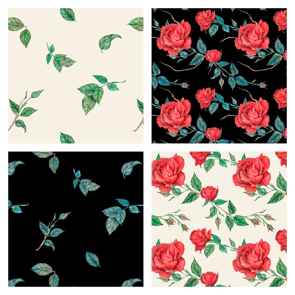 Red rose seamless pattern background vector set
