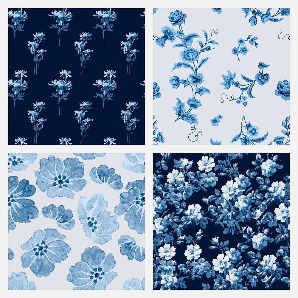 Vector blue flowers vintage background set