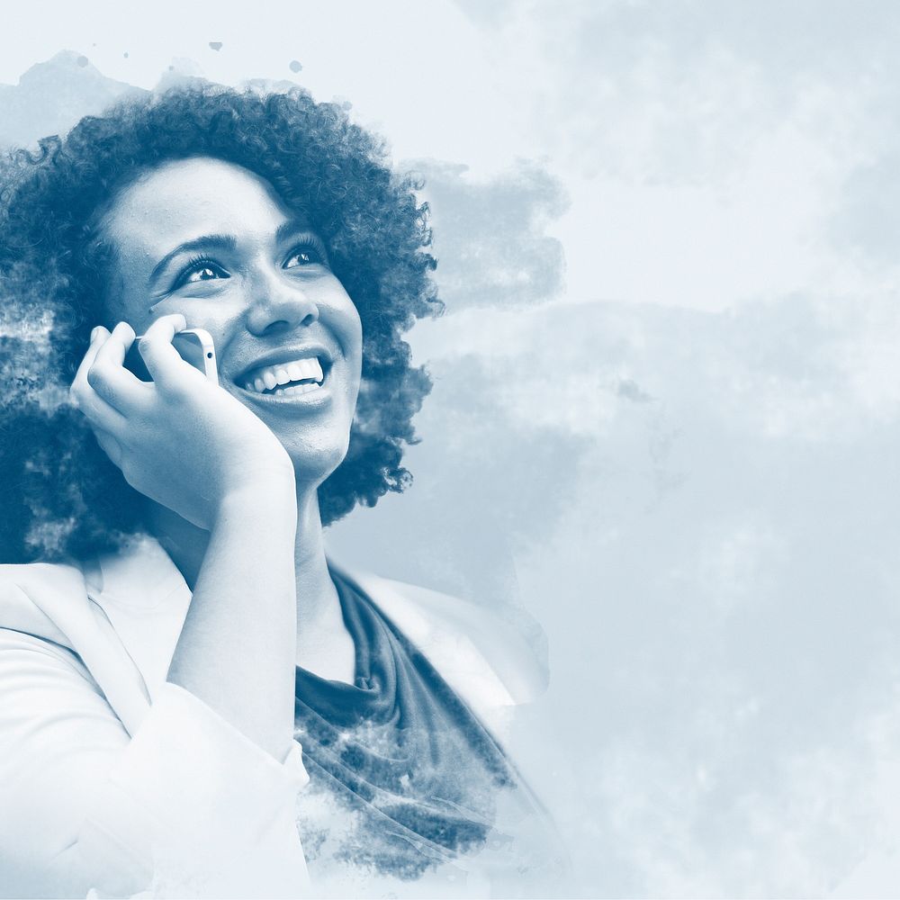 Young business woman on phone over city background monochrome