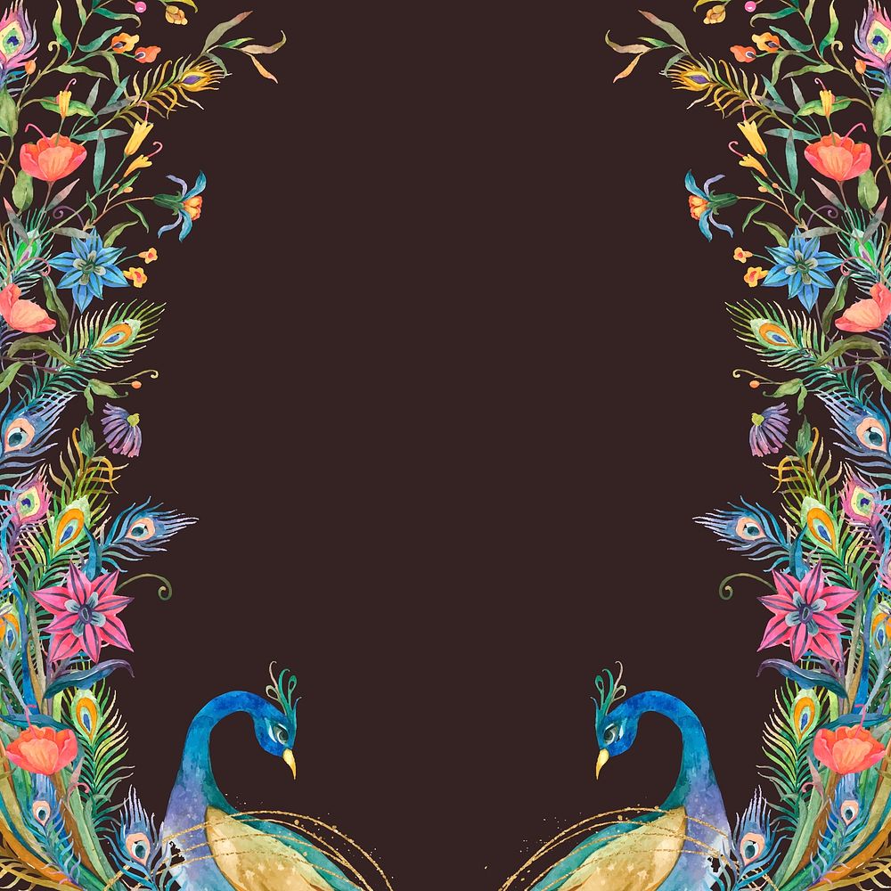 Peacocks frame vector with watercolor flowers on black background