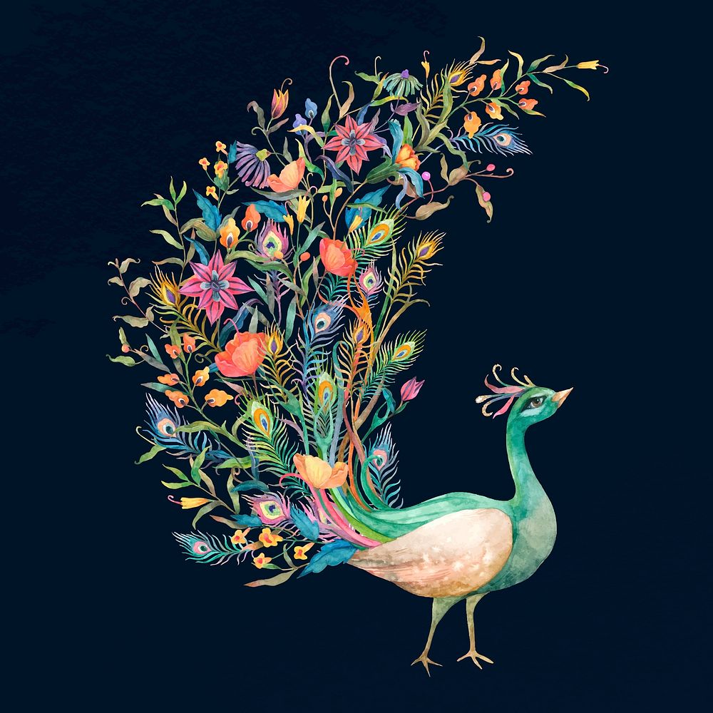 Beautiful watercolor green peacock vector Premium Vector Illustration