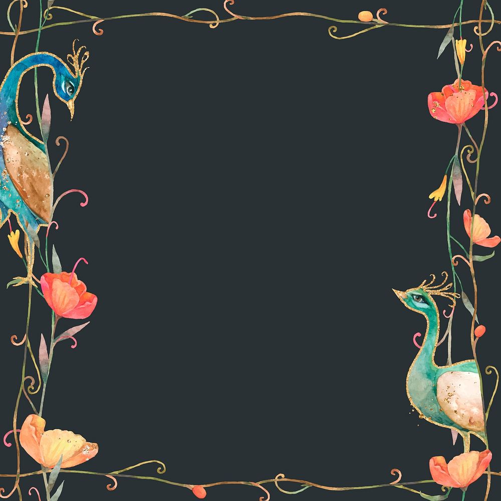 Pattern frame vector with watercolor flower and peacock on vector background