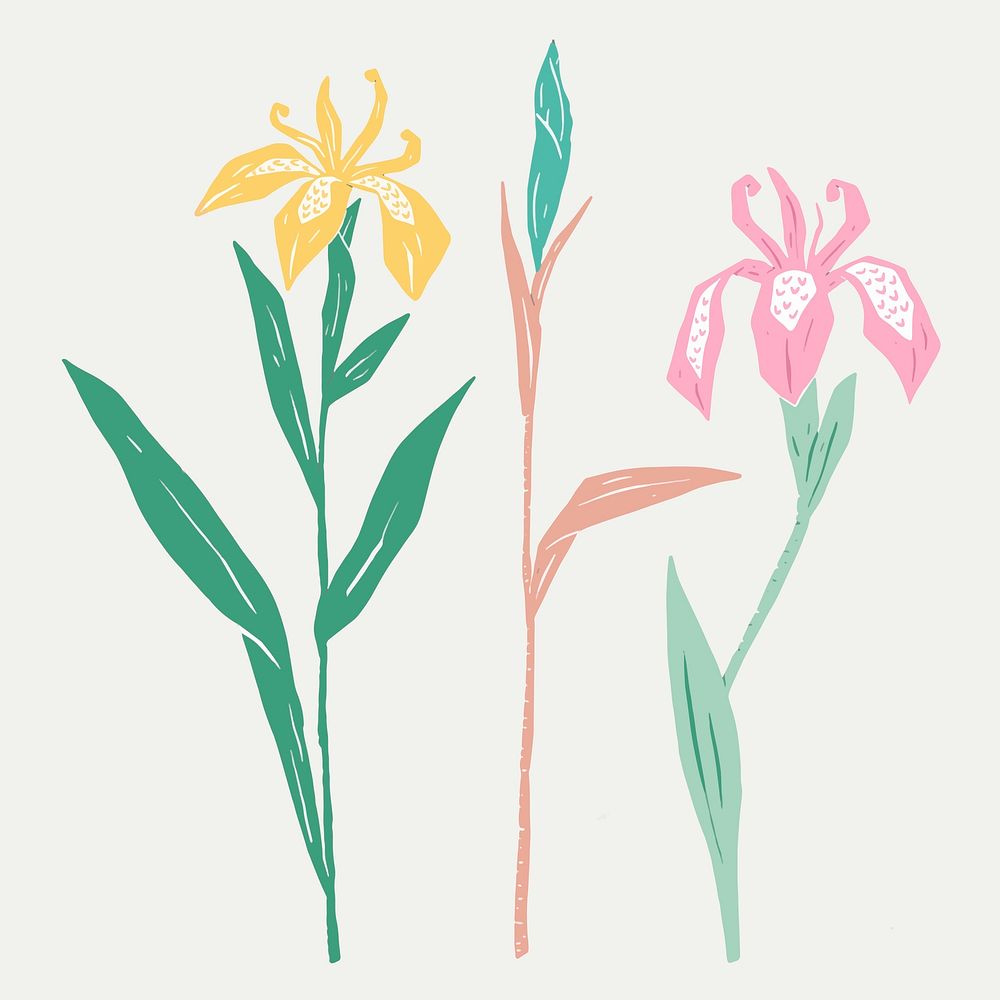 Vintage blooming flowers vector colorful linocut style