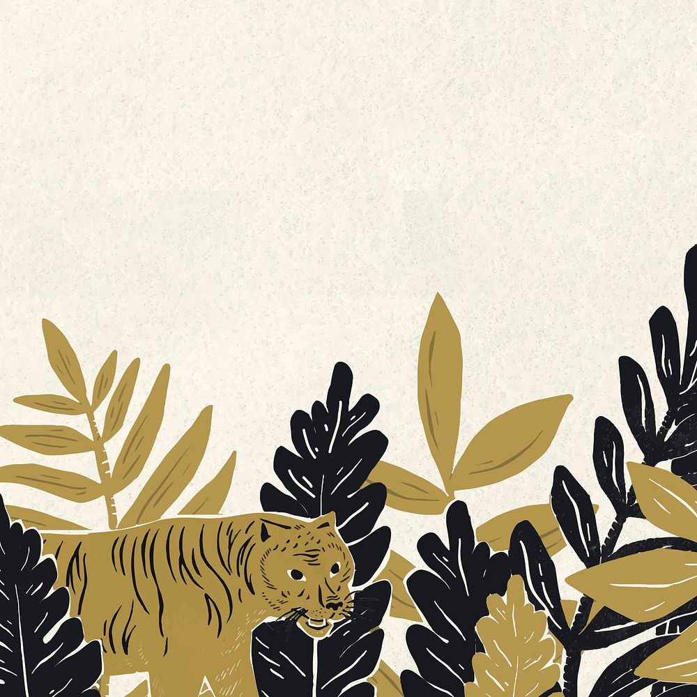 Gold tiger border vector botanical vintage jungle background