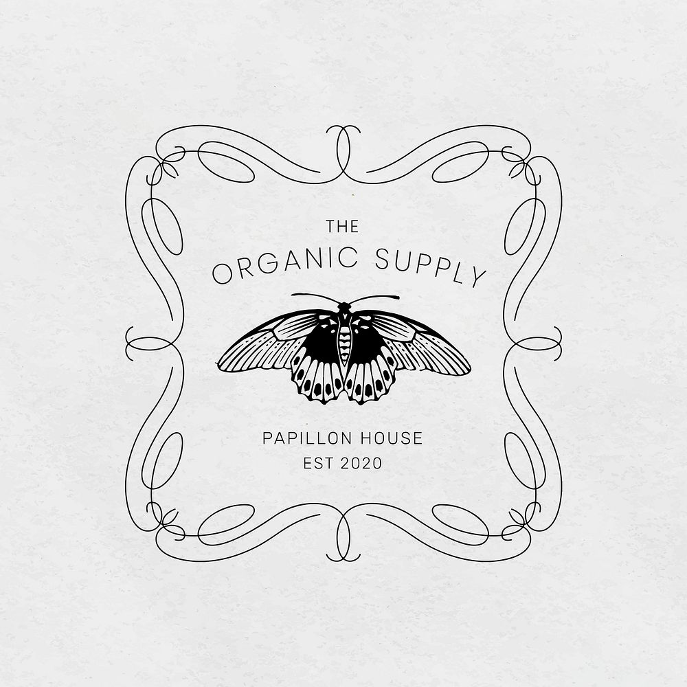 Vintage butterfly branding linocut psd editable template