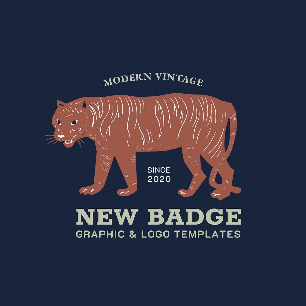 Vintage vector tiger badge linocut editable template