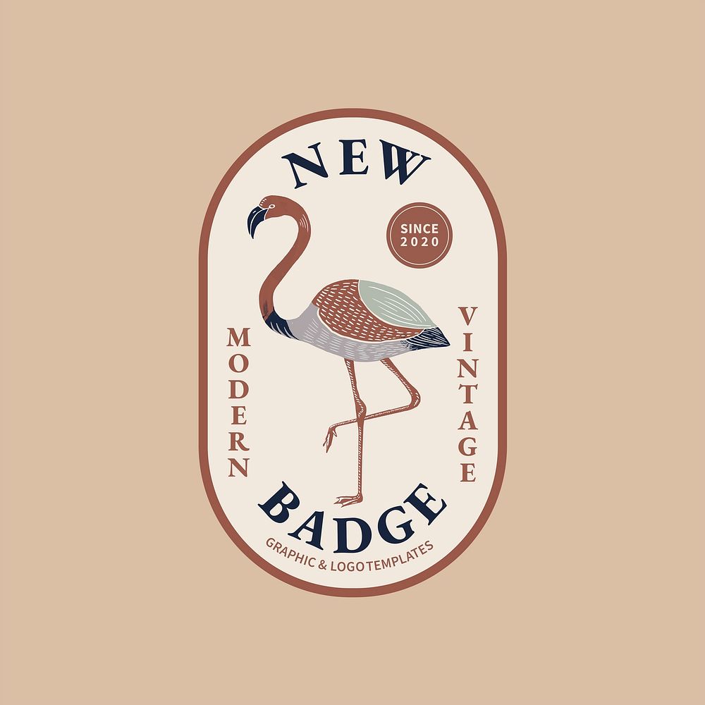 Vintage linocut psd flamingo badge editable template